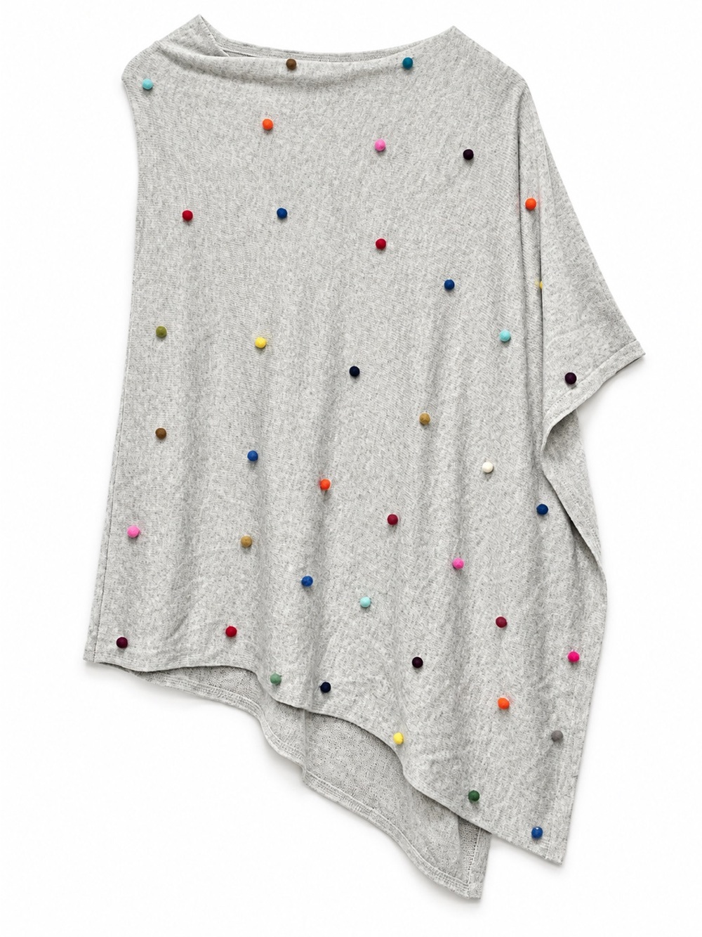 Cashmere Poncho Gray Multicolor Pom Pom Asymmetrical